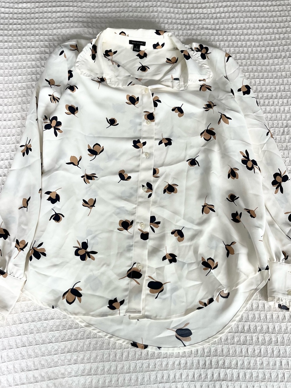 Ann Taylor Cream Button-Down Blouse with Black and Tan Floral Print medium